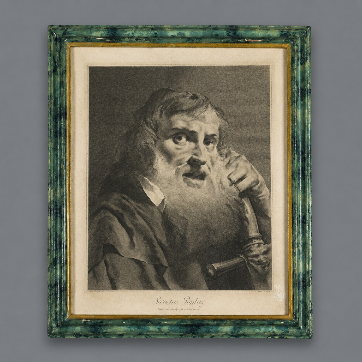 Framed engraving of Sanctus Paulus (Saint Paul) in green marbled frame with gold inner border, black and white portrait print of bearded figure holding sword
