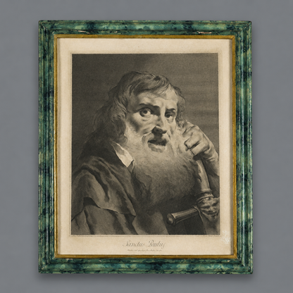 Framed engraving of Sanctus Paulus (Saint Paul) in green marbled frame with gold inner border, black and white portrait print of bearded figure holding sword