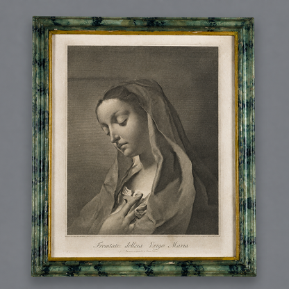 Antique religious engraving of the Virgin Mary in prayer, framed in a distressed green marbled wood frame with gold inner border, monochromatic print