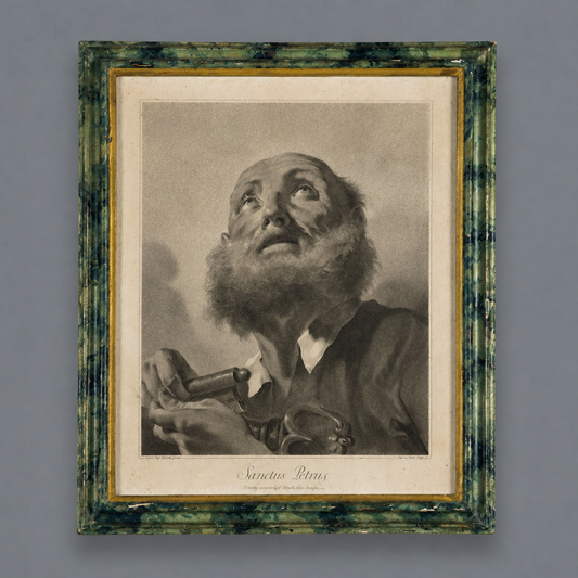 Framed mezzotint engraving 'Sanctus Petrus' depicting Saint Peter gazing upward, holding keys, in a distressed green marbled wood frame with gold inner border.