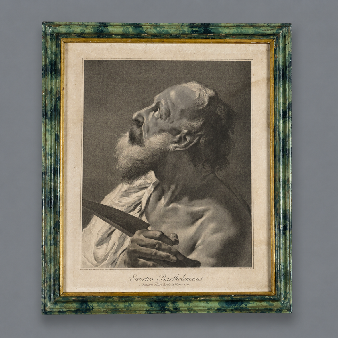 Framed engraving of Saint Bartholomew 'Sanctus Bartholomaeus' in green marbled wood frame with gold inner border, black and white religious print