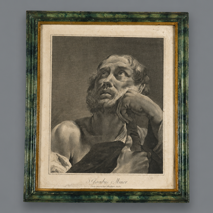 Antique engraving print of S. Jacobus Minor (Saint James the Less) in green marbled wood frame with gold inner border, black and white classical religious artwork