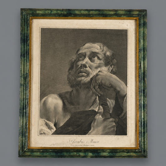 Antique engraving print of S. Jacobus Minor (Saint James the Less) in green marbled wood frame with gold inner border, black and white classical religious artwork