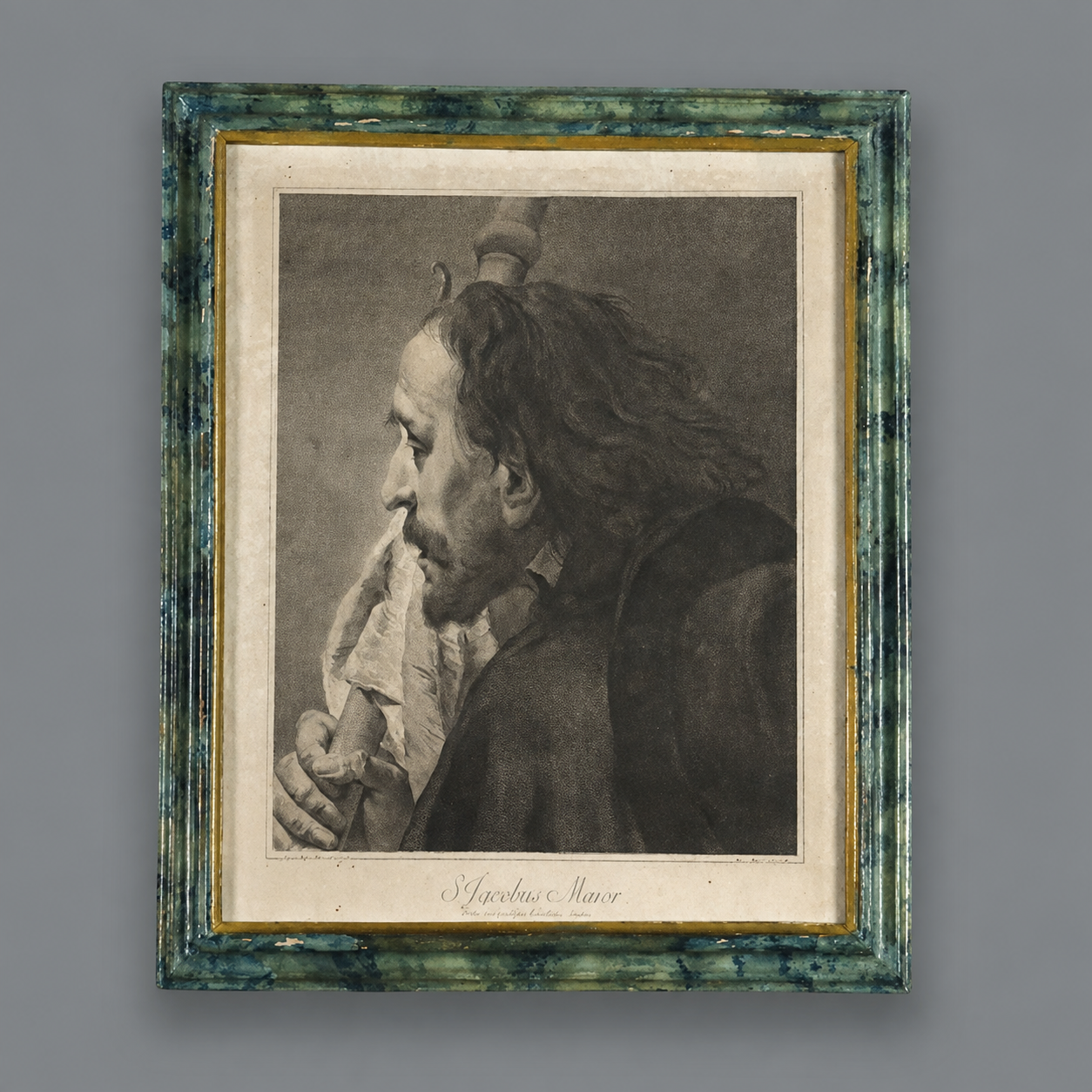 Framed engraving of Saint James the Greater (S. Jacobus Major) in profile, black and white print in distressed green and gold ornate frame
