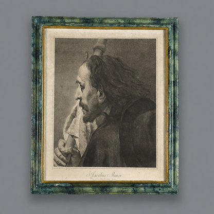 Framed engraving of Saint James the Greater (S. Jacobus Major) in profile, black and white print in distressed green and gold ornate frame