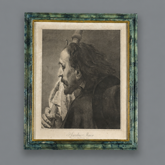 Framed engraving of Saint James the Greater (S. Jacobus Major) in profile, black and white print in distressed green and gold ornate frame