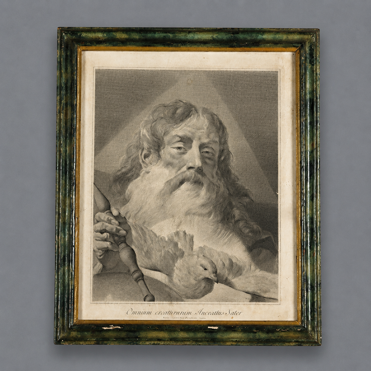 Antique framed engraving of bearded elderly man with dove, black-and-white mezzotint print in distressed green and gold wooden frame, Latin inscription below.