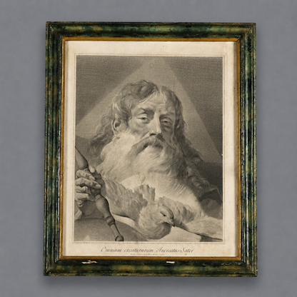 Antique framed engraving of bearded elderly man with dove, black-and-white mezzotint print in distressed green and gold wooden frame, Latin inscription below.