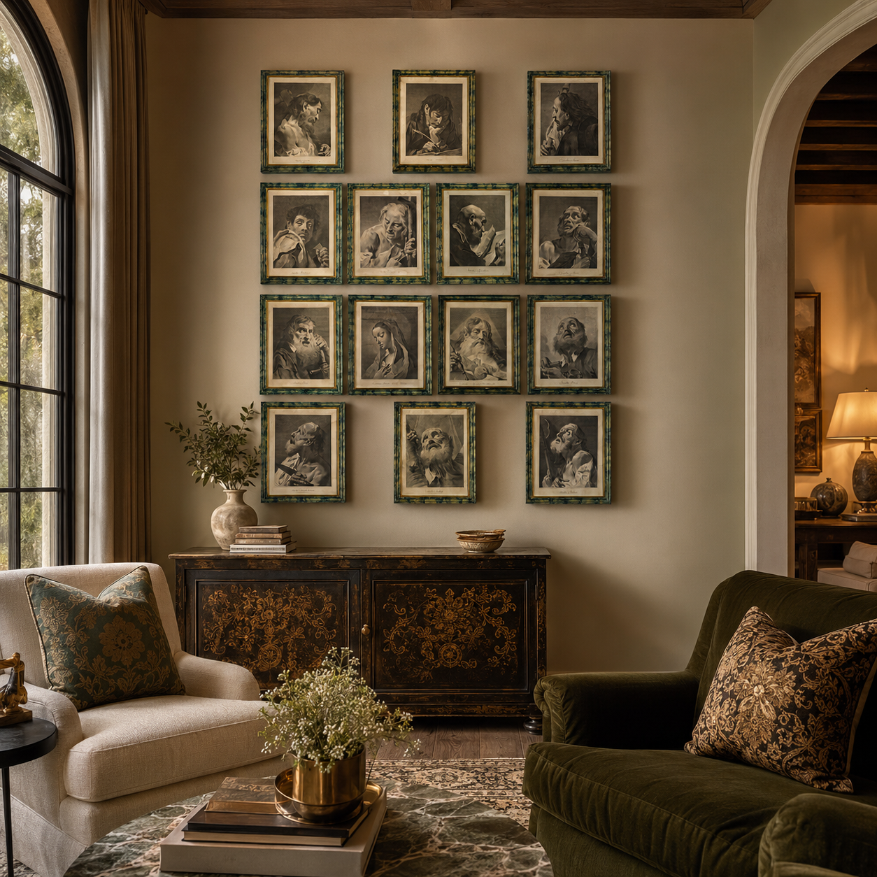 Gallery wall of 12 matching ornate green-patinated frames displaying classical black-and-white portrait prints of figures in dramatic poses, arranged in a 3x4 grid pattern.