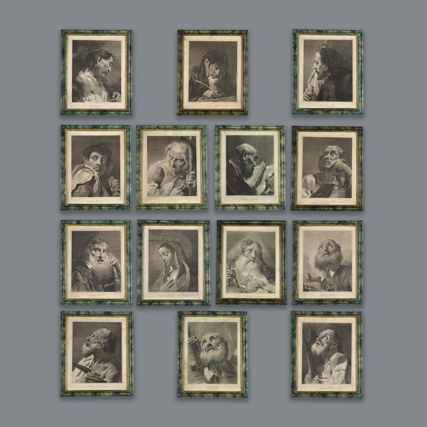 Set of 14 antique-style engraved portrait prints in matching green marbled frames, depicting religious figures and apostles in black and white mezzotint style.