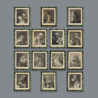 Set of 14 antique-style engraved portrait prints in matching green marbled frames, depicting religious figures and apostles in black and white mezzotint style.
