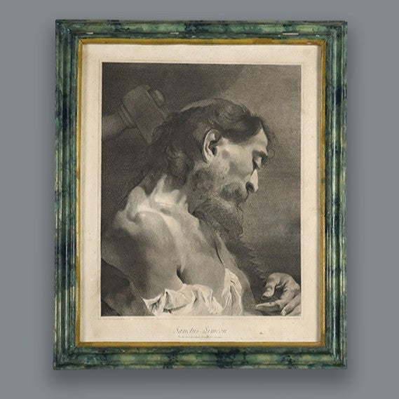 Antique framed engraving of Saint Simon, black and white print in ornate green marbled frame with gold inner border, classical religious artwork