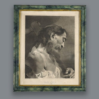 Antique framed engraving of Saint Simon, black and white print in ornate green marbled frame with gold inner border, classical religious artwork