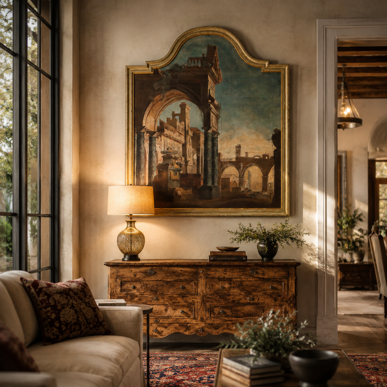 Grand arched gold-framed oil painting depicting Roman ruins and classical architecture, hung above an antique walnut wood dresser in a warm, elegantly styled living room.