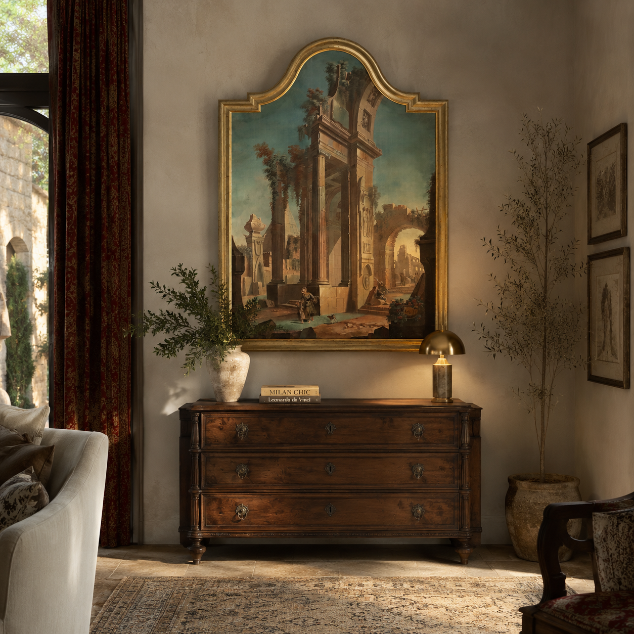 Antique-style dark walnut chest of three drawers with ornate brass ring pulls, fluted column details, and turned bun feet, shown in a classical European-inspired interior.