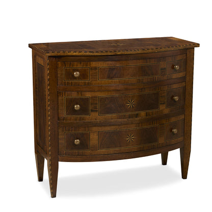 Traditional three-drawer chest with curved front in rich walnut finish featuring decorative star inlays, brass hardware, rope-twist edge detail, and tapered legs