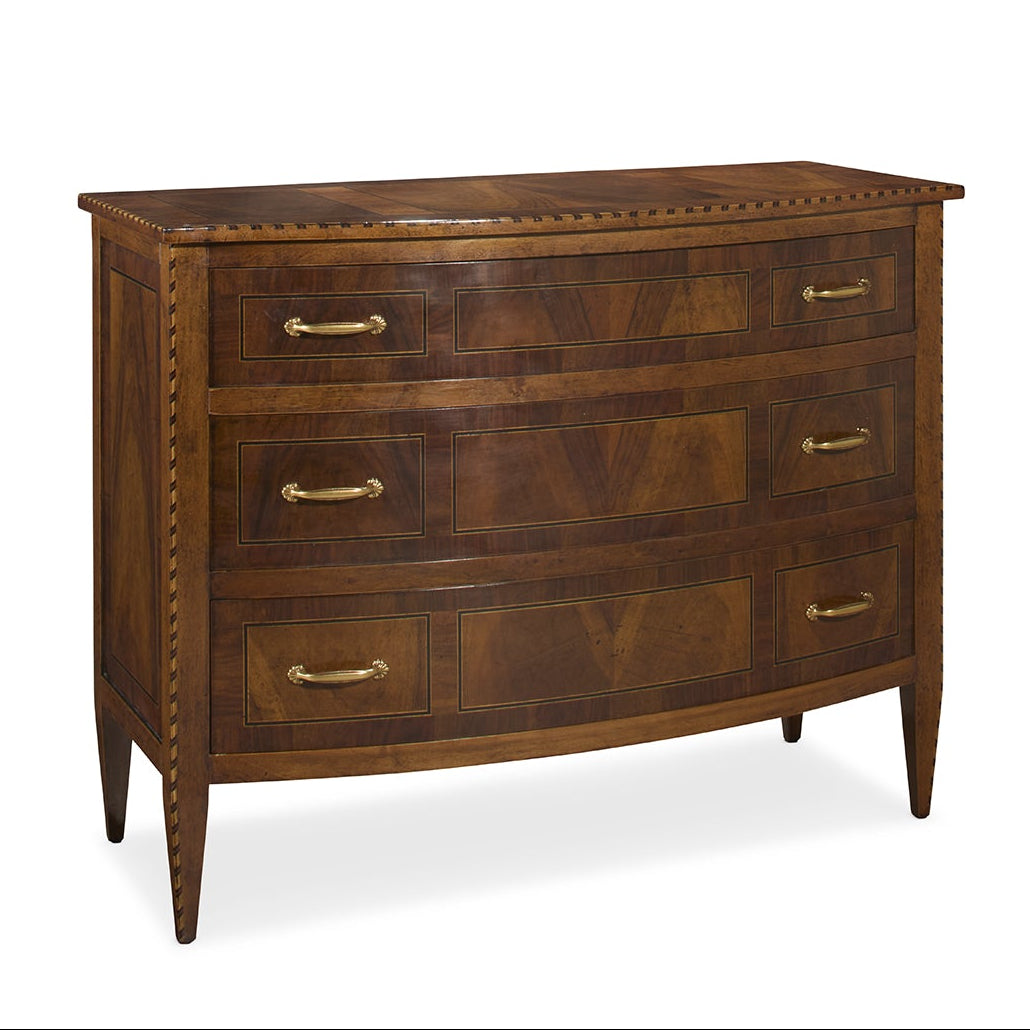 Traditional walnut chest of drawers with rope-twist detailing, brass handles, and three rows of drawers featuring rich wood grain and inlay accents on tapered legs