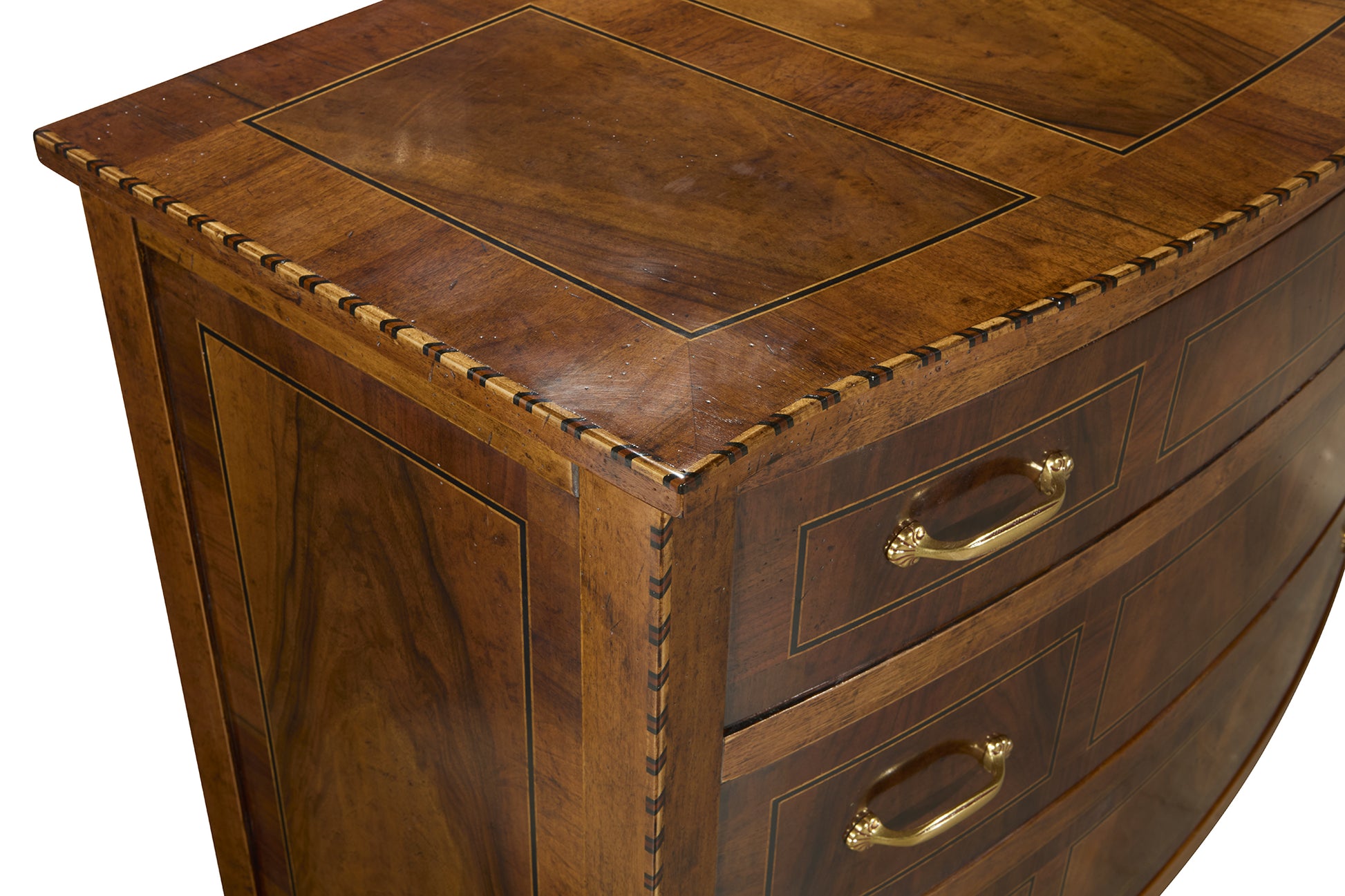 Traditional walnut chest with inlaid geometric panels on top, decorative rope-style edge trim, two drawers with brass handles, and rich brown wood grain finish