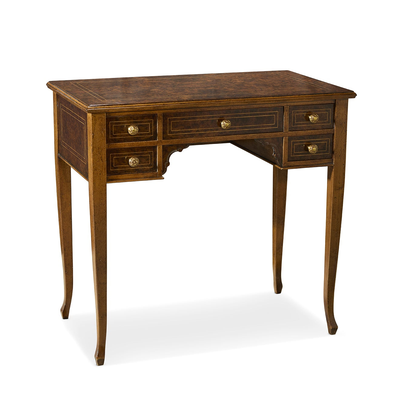 Traditional walnut writing desk with curved cabriole legs, five drawers with brass hardware, and elegant inlay detailing. Features warm brown wood finish and classic French-inspired design.