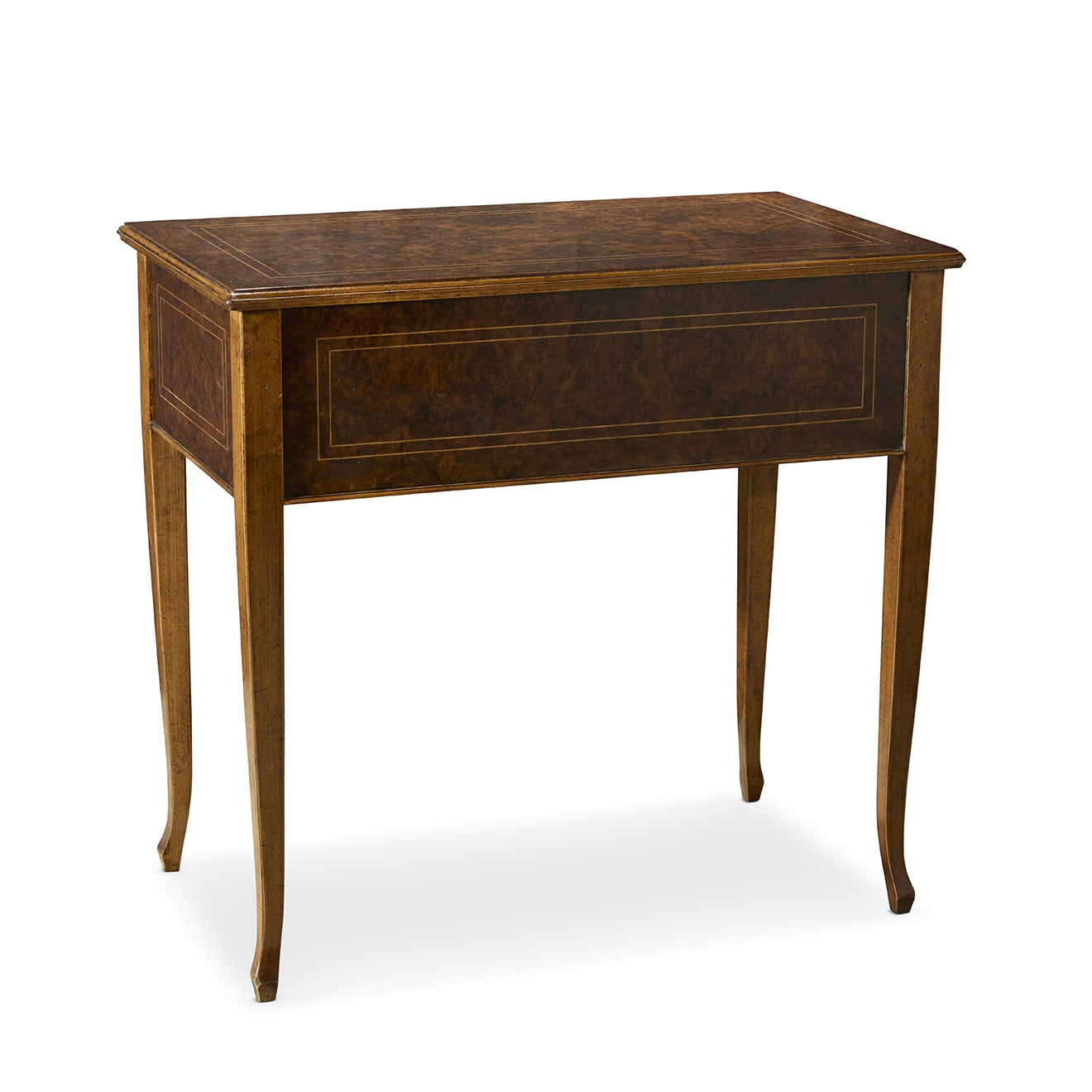Traditional wooden chest with rich brown walnut finish featuring elegant curved legs, decorative inlay banding, and classic rectangular proportions on white background