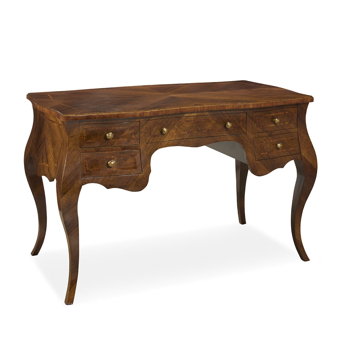 Traditional walnut writing desk with curved cabriole legs, featuring five drawers with brass hardware and rich wood grain finish in classic French Provincial style