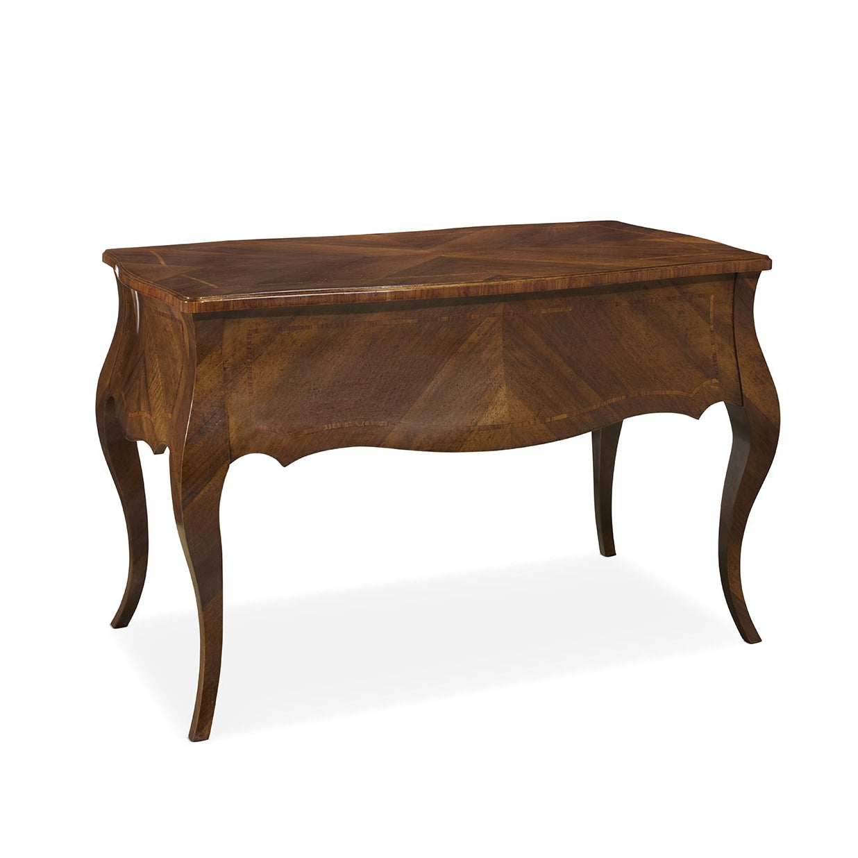 Traditional wooden console table with curved cabriole legs and rich brown walnut finish. Features elegant French Provincial styling with curved apron and decorative wood grain patterns.
