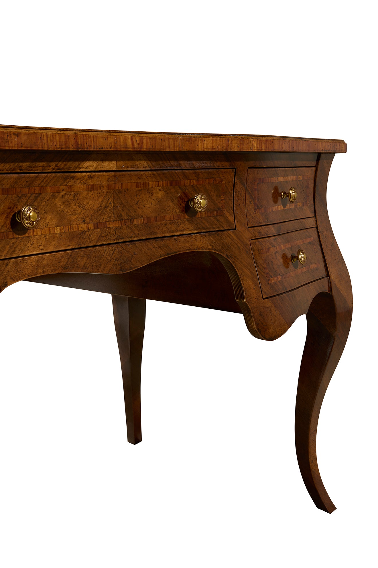 Traditional wooden desk with curved cabriole legs, featuring multiple drawers with ornate brass pulls and rich wood grain finish in warm brown tones