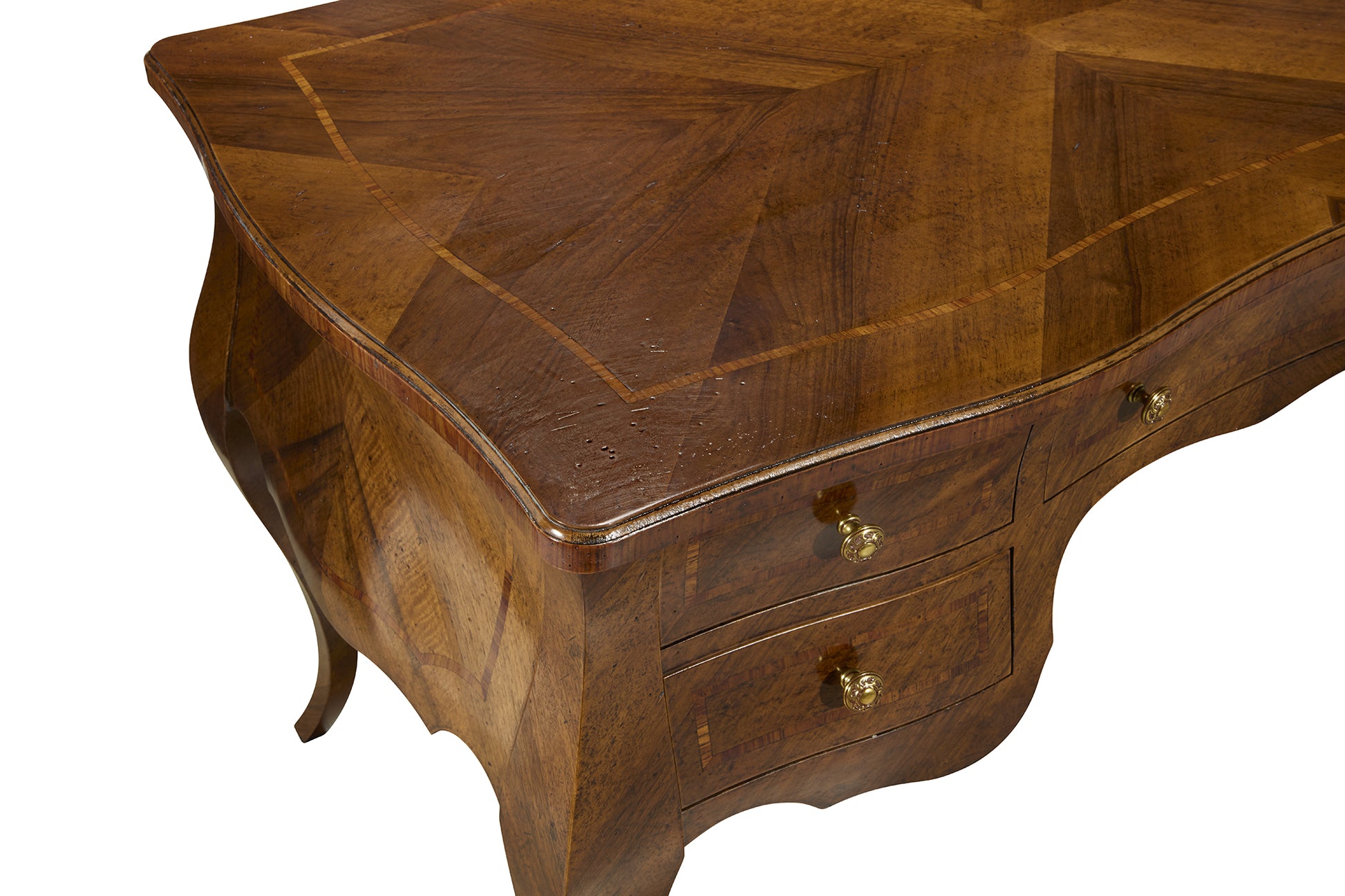 Curved bombe-style wooden chest with rich walnut finish featuring decorative wood grain patterns, two drawers with brass knobs, and elegant curved legs in traditional design
