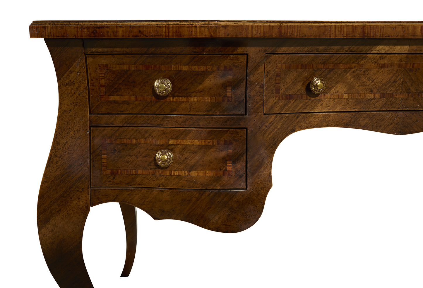 Traditional curved wood desk with rich brown finish featuring three drawers with decorative brass knobs, elegant curved legs, and detailed wood grain pattern with inlay work