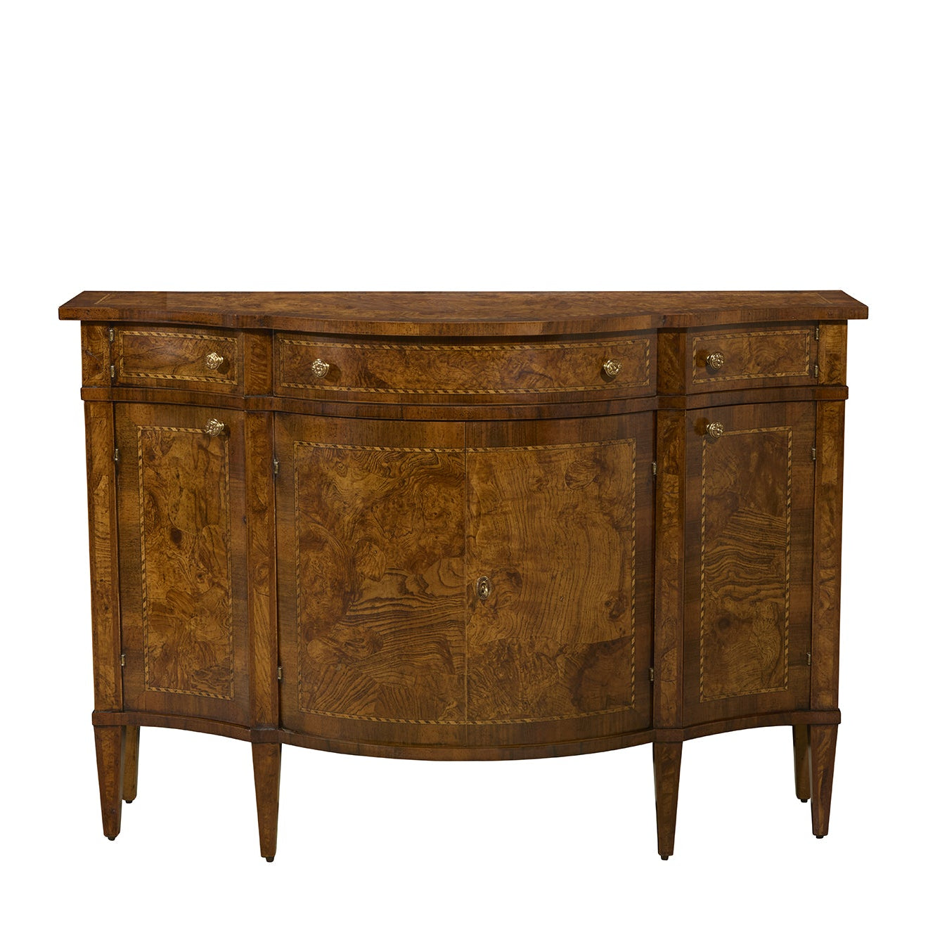 Traditional demilune sideboard in rich brown walnut with curved front, decorative rope inlay detailing, four small drawers, three cabinet doors, and tapered legs with brass hardware