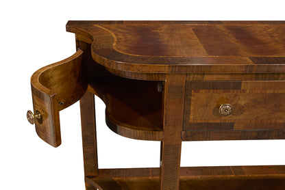 Elegant curved wooden kidney-shaped desk with rich walnut finish featuring intricate wood grain patterns, decorative brass hardware, built-in drawers, and distinctive curved leg design