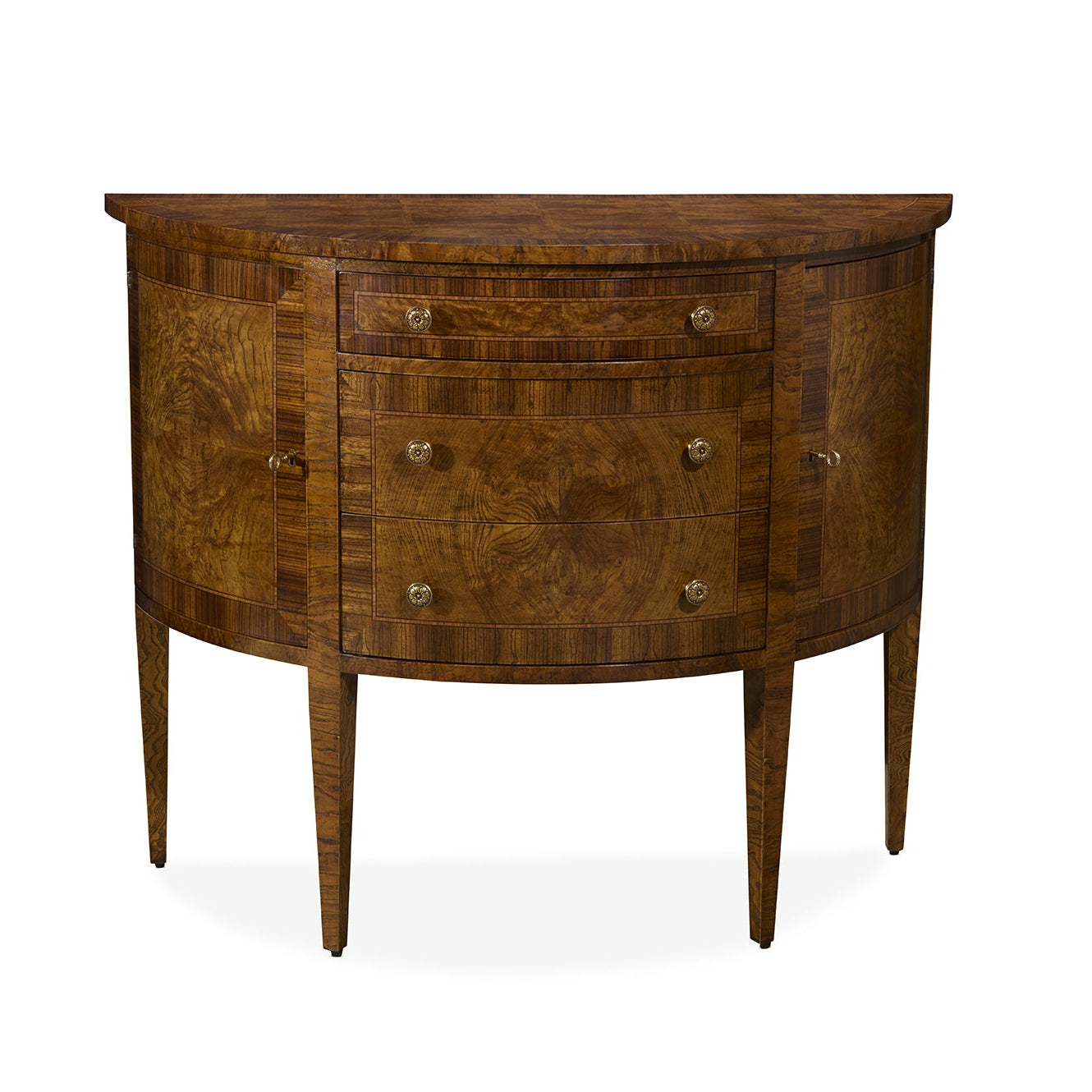 Walnut demilune sideboard with curved front, three drawers, two side cabinets and brass hardware on tapered legs