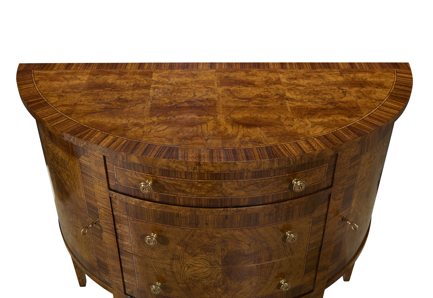 Brown wooden demilune chest with curved drawers, brass handles, and burled wood top in traditional style