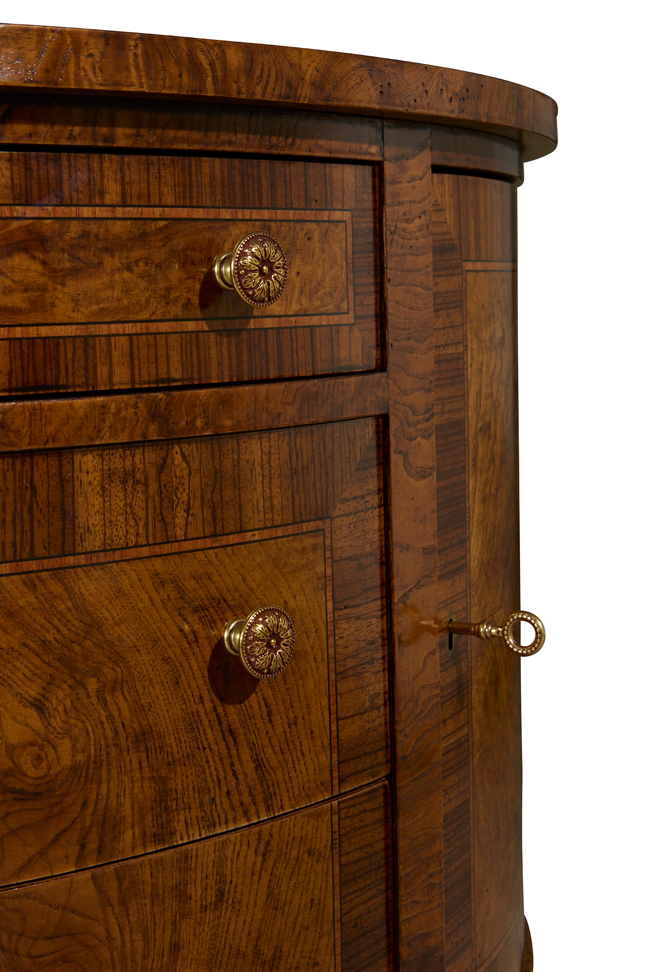 Walnut wood chest with curved front, brass hardware and decorative key