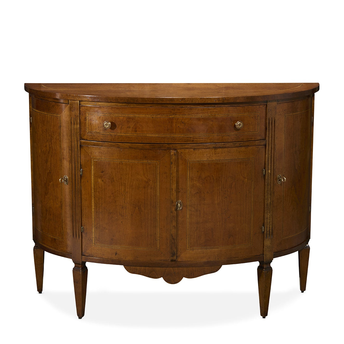 Traditional demilune console cabinet in warm brown wood finish with curved front, single drawer, four doors, and tapered legs