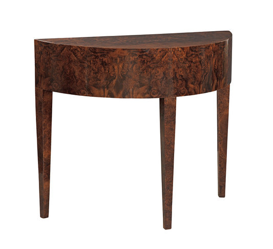 Half-moon console table with rich burl wood veneer in warm brown tones, featuring curved front apron and tapered legs, perfect for entryways or against walls