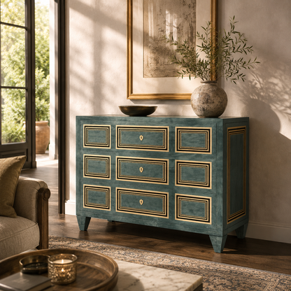 Teal blue 3-drawer chest with gold and black geometric trim detailing, brass keyhole hardware, tapered legs, distressed painted wood finish in classic European style