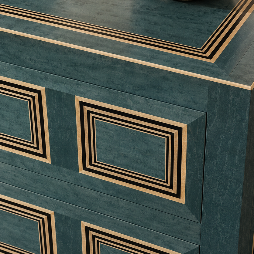 Art Deco-style chest of drawers in deep teal with wood grain texture, featuring geometric gold and black inlay rectangular panel detailing on drawer fronts.