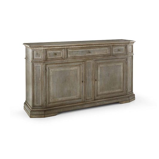 Rustic gray-taupe wood sideboard with distressed finish, three top drawers, two cabinet doors with raised panel detail, decorative rope molding, and antique brass knobs