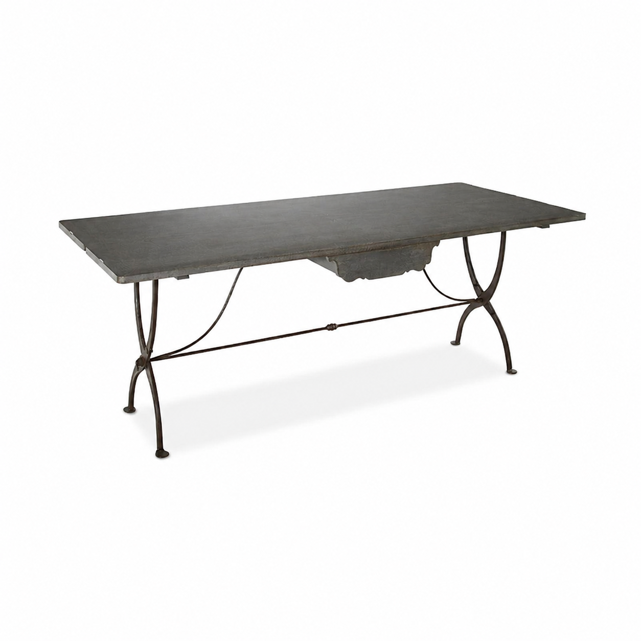 Industrial-style rectangular console table with a dark gray stone or concrete top and ornate wrought iron X-shaped legs connected by a central stretcher bar.
