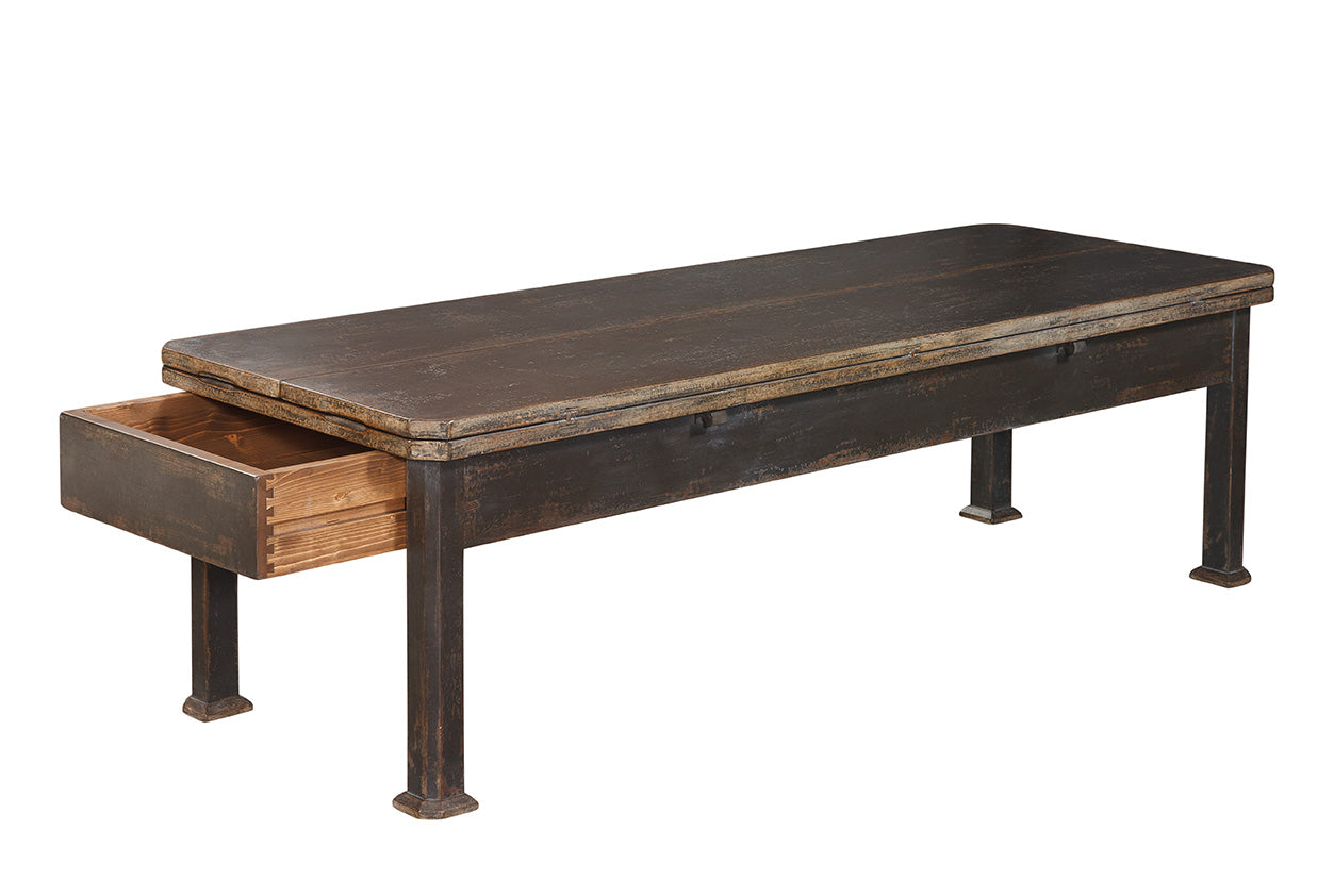 Rustic dark brown wooden bench with distressed finish and metal legs, featuring an open drawer with dovetail joinery showing natural wood interior