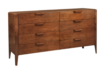 Mid-century modern walnut wood dresser with eight drawers arranged in two columns, featuring sleek horizontal handles and tapered legs on white background