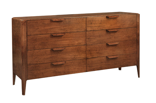 Mid-century modern walnut wood dresser with eight drawers arranged in two columns, featuring sleek horizontal handles and tapered legs on white background