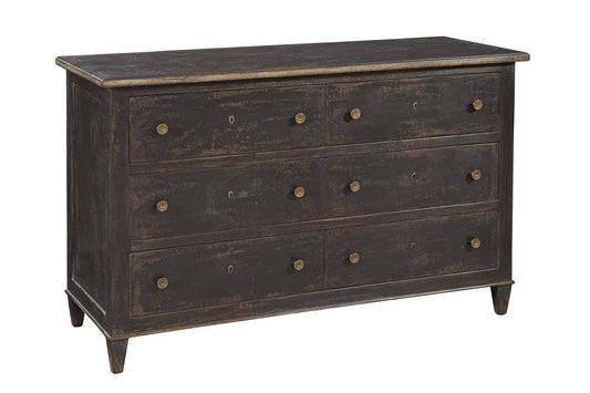 Dark brown distressed wooden dresser with six drawers arranged in three rows, featuring brass knobs and tapered legs with weathered vintage finish