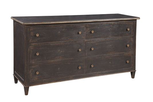 Dark brown distressed wooden dresser with six drawers arranged in three rows, featuring brass round knobs and tapered legs in traditional styling