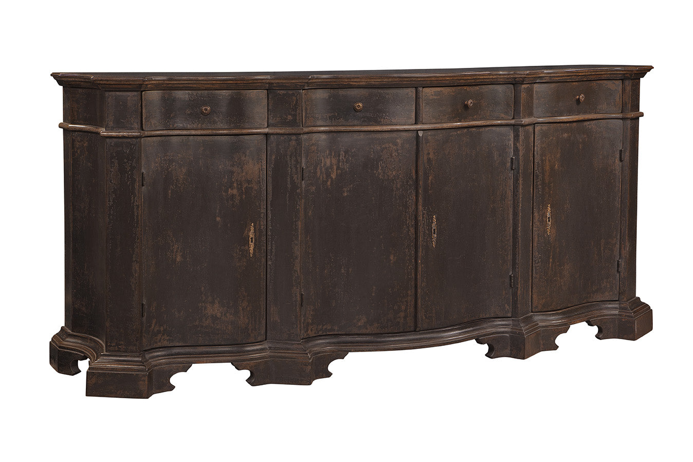 Dark brown distressed wood sideboard with four upper drawers and four lower cabinet doors, featuring weathered finish and curved decorative base with traditional styling