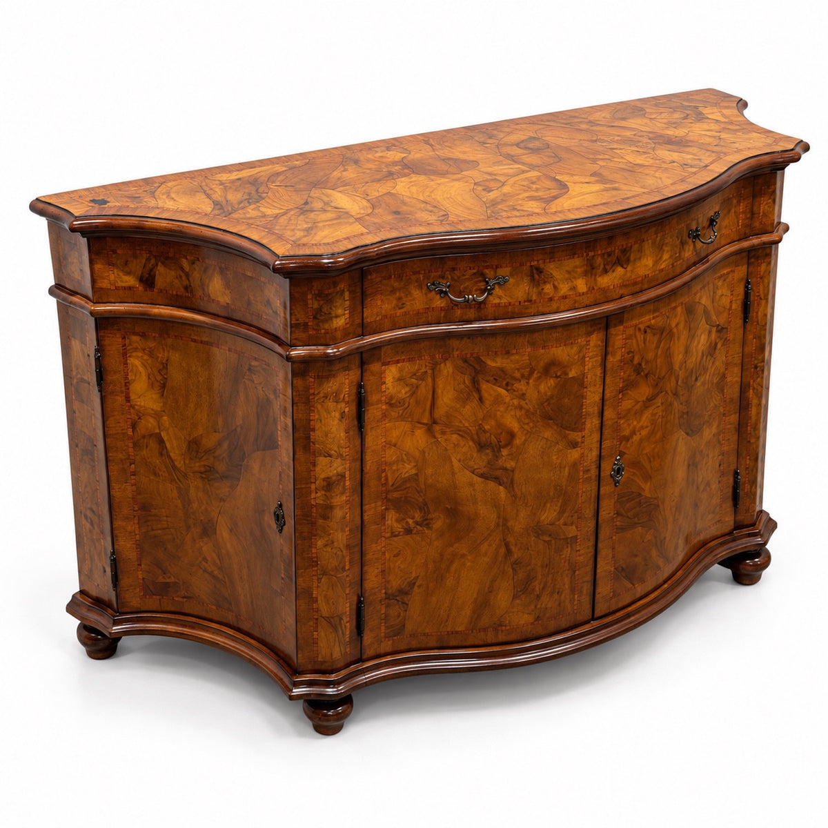 MOG1004A walnut sideboard with a serpentine front, decorative pulls and cabinet doors