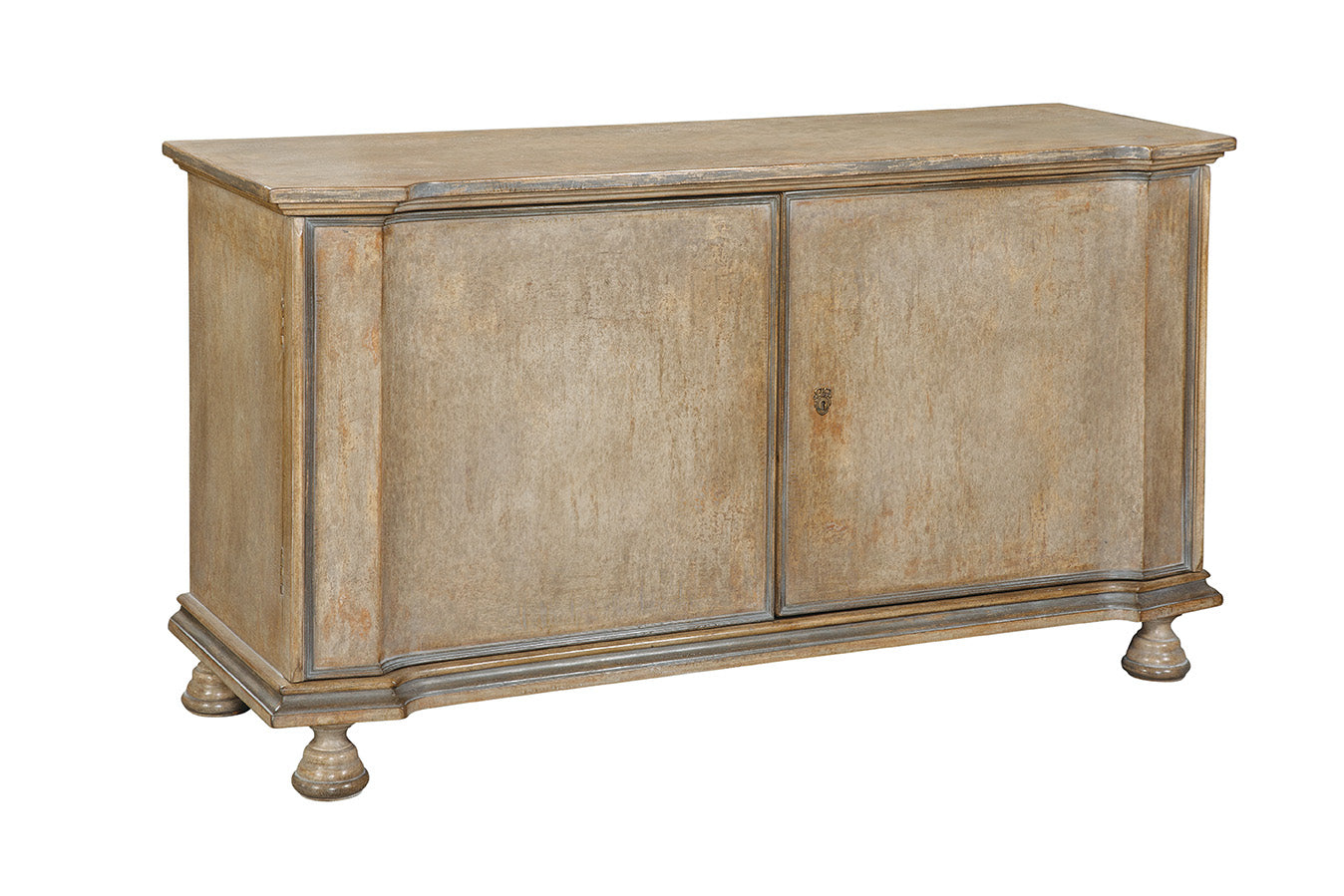 Weathered wood sideboard with two sliding doors, distressed beige finish, decorative molding trim, and turned ball feet in traditional style