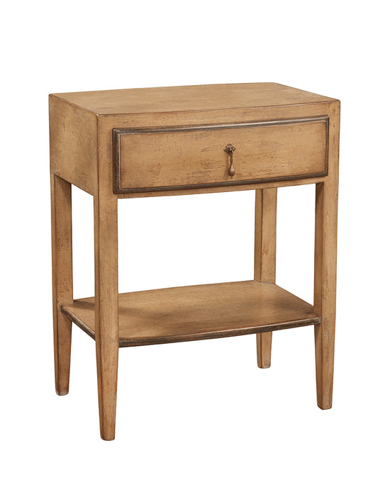 Natural wood occasional table with single drawer and lower shelf, featuring traditional styling with brass teardrop handle and tapered legs in warm honey-toned finish