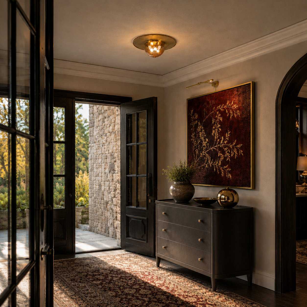 Dark charcoal 3-drawer dresser with brass knobs and tapered legs, topped with ceramic vase, gold sphere, and decorative bowl in elegant foyer setting